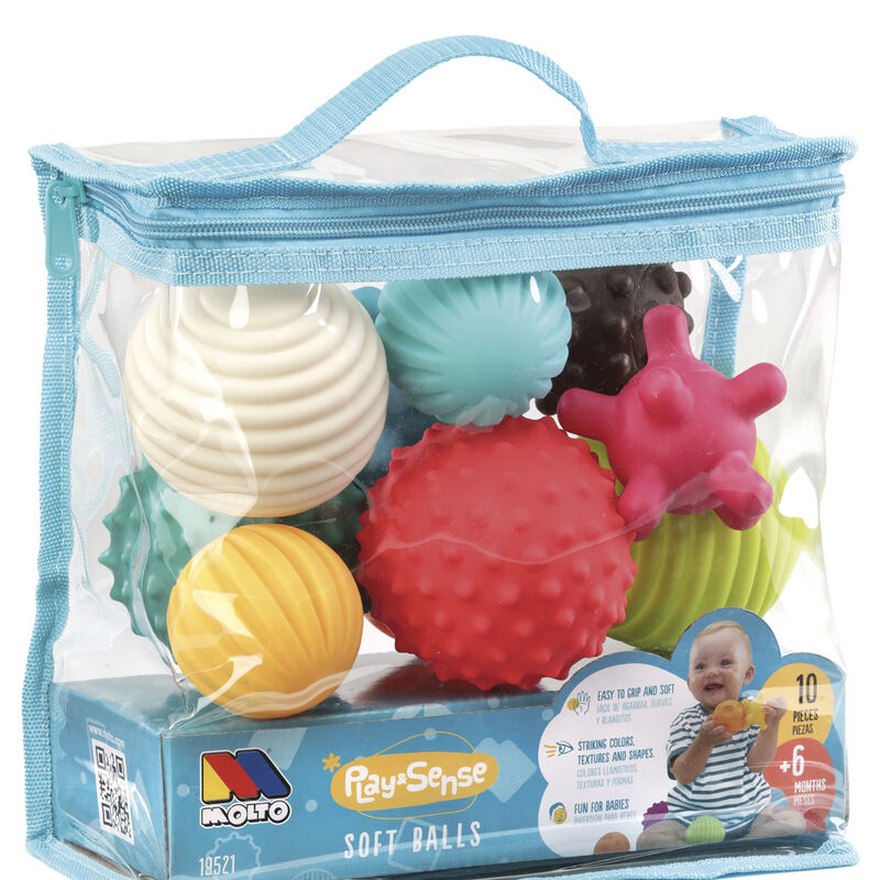 Age: +6 months. Size: 50x38x50cm. Bag with 10 different sensory balls for babies. Easy to hold