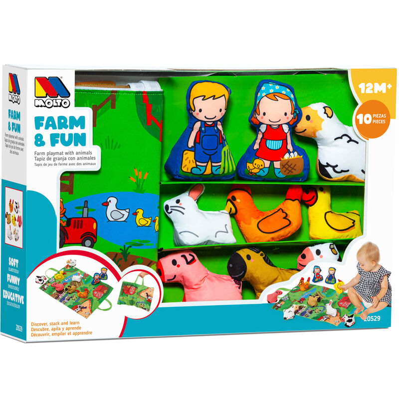 Age: +12 months. Size: 40x27x8cm. Fabric play mat with the drawing of your farm