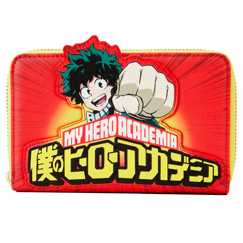 Size: 15x10cm. The Loungefly My Hero Academia Izuku Punch Zip Around Wallet is made of vegan Saffiano leather (polyurethane). Wallet zips closed with shiny gold hardware. Additional features include applique