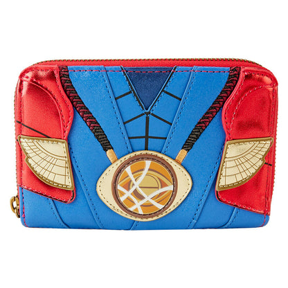 Size: 15x10cm. The Loungefly Marvel Metallic Doctor Strange Zip Around Wallet is made of vegan leather (polyurethane). Wallet zips closed with antique gold hardware and features four slots for holding cards with a clear slot for ID. Additional features include applique