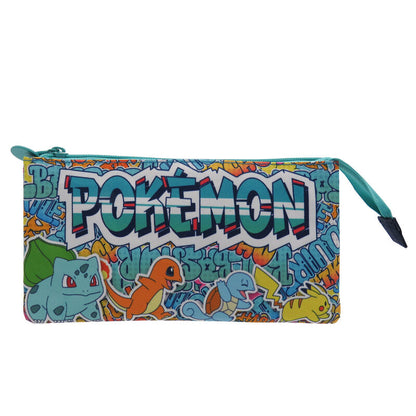 Size: 23x5x12cm. Urban Colors design case with double zip (general and inside). Very resistant metal zips and pokeball-shaped metal handle for easy opening. It has three large compartments and two smaller ones where you can even carry your Pokemon cards.