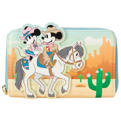 Size: 15x10cm. The Loungefly Western Mickey and Minnie zip wallet is made of vegan leather (polyurethane). The wallet closes with a zip and shiny gold hardware. It also features appliqués and printed details. Highlights include matching inner lining.