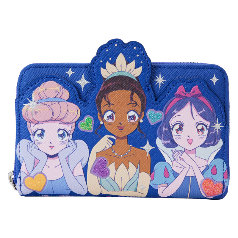 Size: 15x10cm. The Loungefly Disney Princess Manga Style Zip-Around Wallet is made of vegan leather (polyurethane). Wallet zips closed with silver-colored metal hardware. Additional features include applique