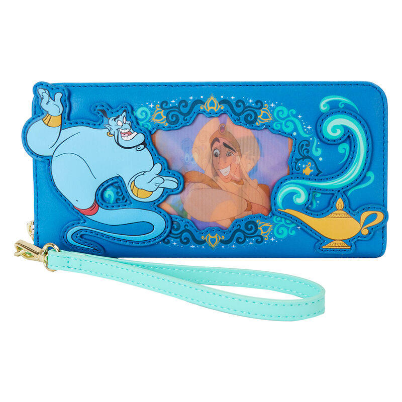 Size: 20x10cm. The Loungefly Disney Princess Jasmine Wristlet Wallet is made of vegan leather (polyurethane). Wallet zips closed with shiny gold-colored metal hardware