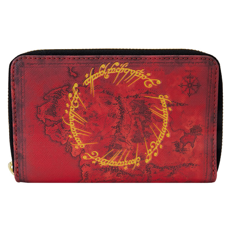 Size: 15x10cm. The Loungefly Lord of the Rings the One Ring Zip Around Wallet is made of vegan leather (polyurethane). Wallet zips closed with shiny gold hardware. Additional features include debossed