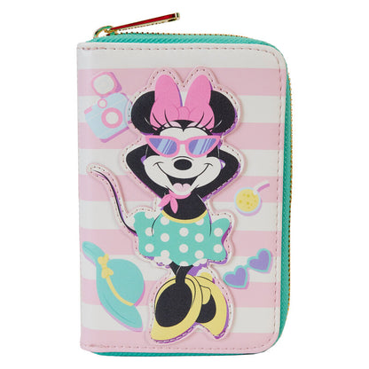 Size: 15x10cm. The Loungefly Minnie Mouse Vacation Style Zip Around Wallet is made of vegan leather (polyurethane). Wallet zips closed with shiny gold hardware. Additional features include applique