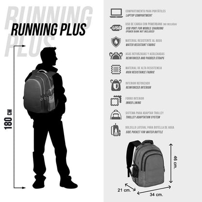 Size: 44x34x21cm. Large capacity backpack with three main compartments and two side mesh pockets. Interior lining with a padded pocket for electronic devices and a small zipped pocket. USB port for charging your mobile phone with a powerbank (not included). Liquid repellent body resists light stains and moderate rain. Reinforced base