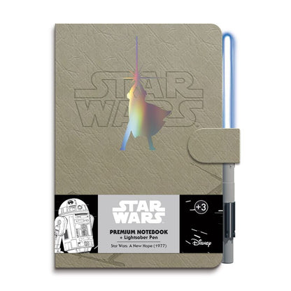 It has 96 A5 size sheets. Inside with bullet pages and glued binding. Hard cover with magnetic snap closure. Includes a pen that simulates a lightsaber and emits light.