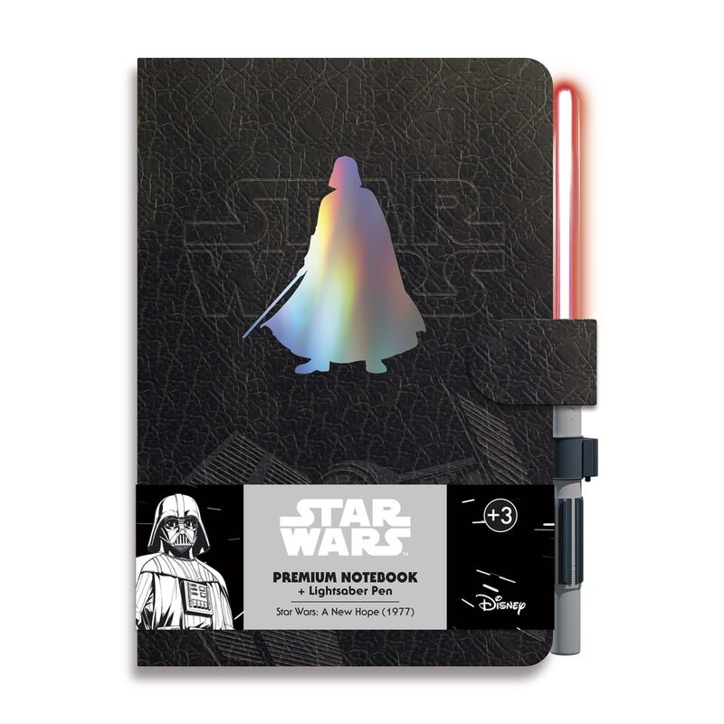 It has 96 A5 size sheets. Inside with bullet pages and glued binding. Hard cover with magnetic snap closure. Includes a pen that simulates a lightsaber and emits light.