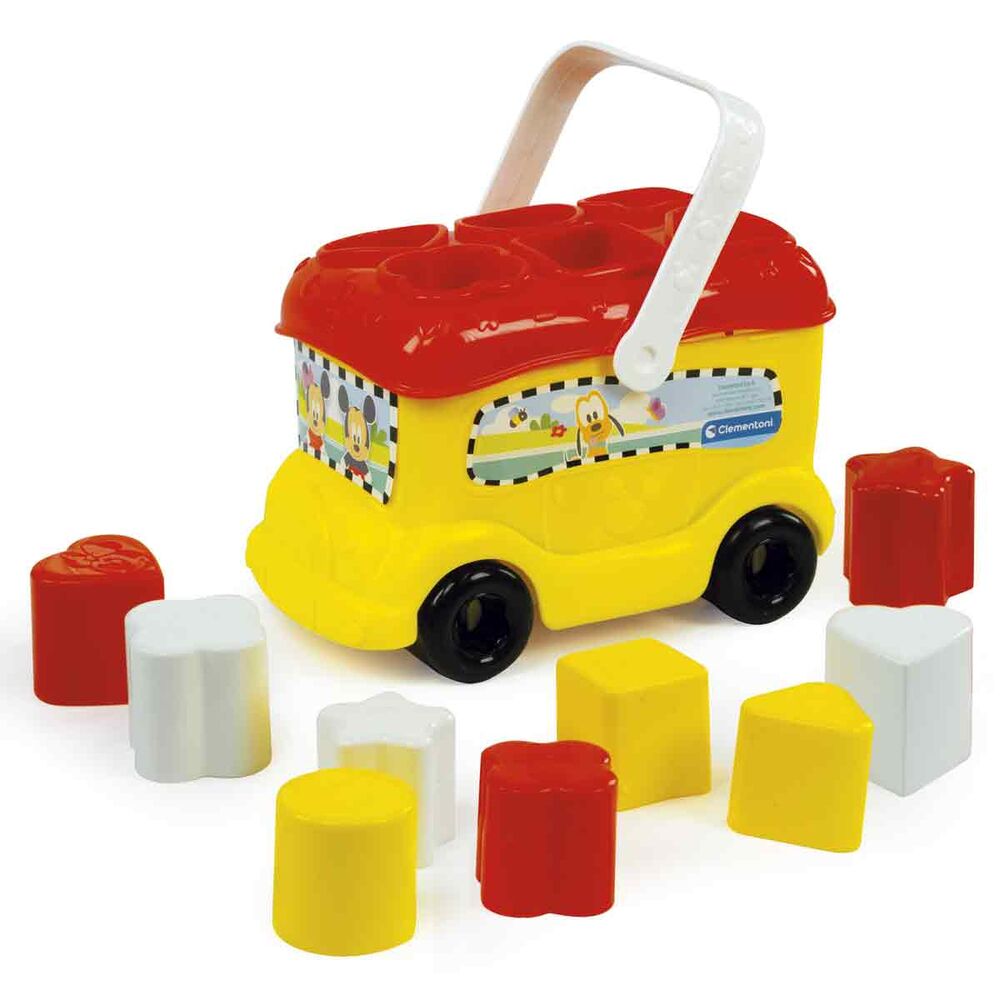 Age: +10 months. Size: 15x22x15cm. Funny Baby Disney container bus to learn to recognise shapes and colours. With 9 coloured shapes to classify.