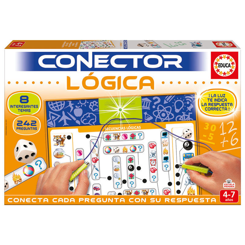 Age: 4-7 años. Contains 8 sheets with 242 questions and multi-connector base.