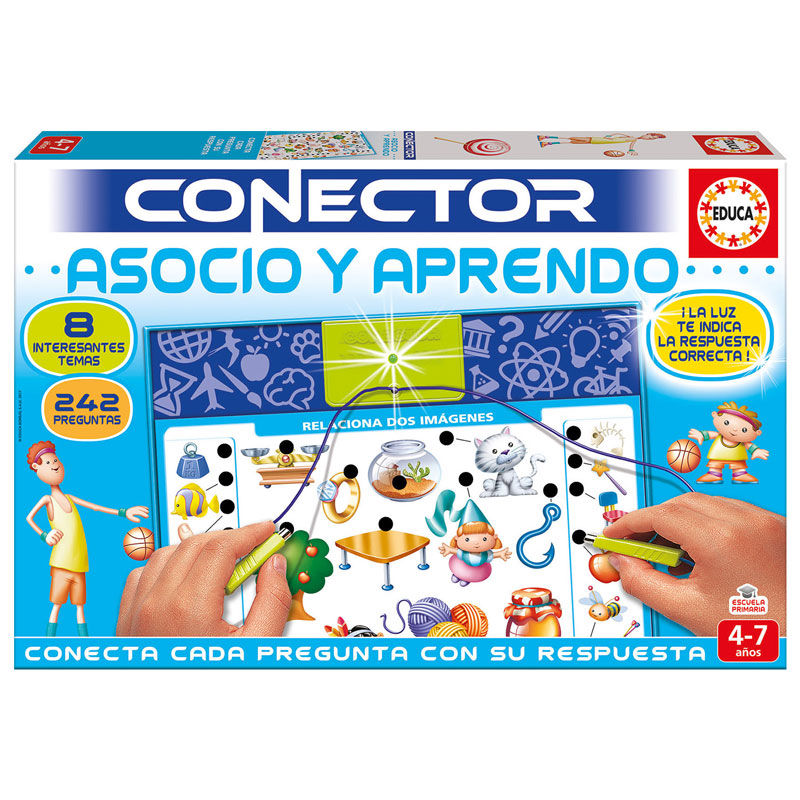 Age: 4-7 años. Contains 8 sheets with 242 questions and multi-connector base.