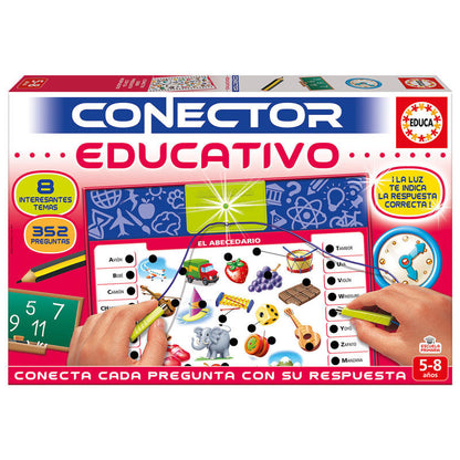 Age: 5-8 años. Contains 8 sheets with 352 questions and multi-connector base.